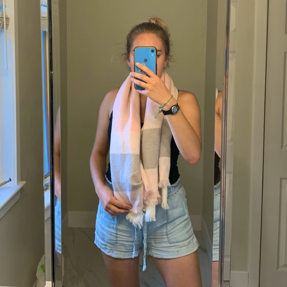 Accessory Depot square blanket scarf, pink, white, gray